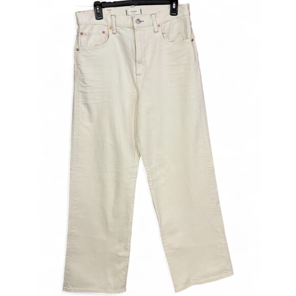 AE77 American Eagle Women’s 12 Stovepipe Wide Leg Selvedge Jeans Cream Ecru NWT - Picture 1 of 14